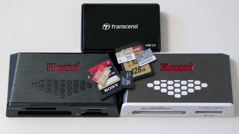 Drei Speicherkarten-Lesegeräte im Vergleich Kingston FCR-HS4 Kingston FCR-HS3 Transcend RDF8 Review Test SD Karten MicroSD Reader Cardreader USB 3.0